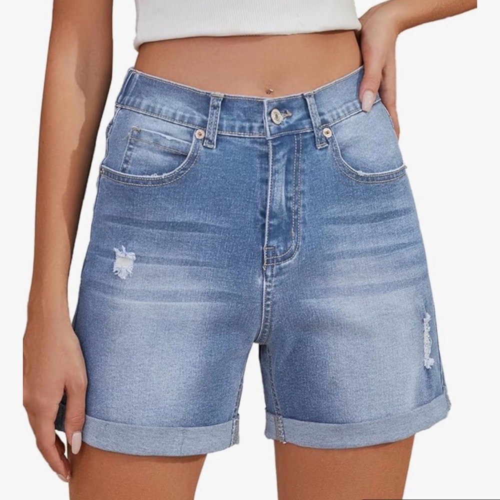 High rise, stretchy denim cuff shorts